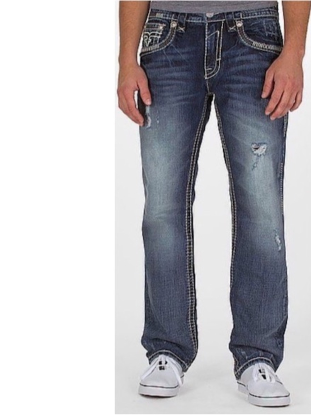 Rock Revival Mens Joseph Straight Distressed Jeans 32 Embellished Flap Buckle
